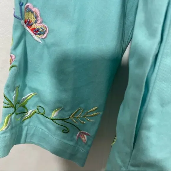 Quacker Factory Embroidered Mandarin Collar Stretch Jacket Turquoise Aqua Size M - Picture 11 of 14